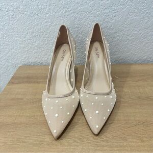New Mariahh Nude Mesh Pearl Pointed-Toe Heels |